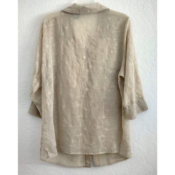 TOP/BLOUSE-WHITE STAG-Tan-Sheer-Button Up-Embroidery-3/4 Sleeves-Size Plus 16 W - Picture 2 of 16